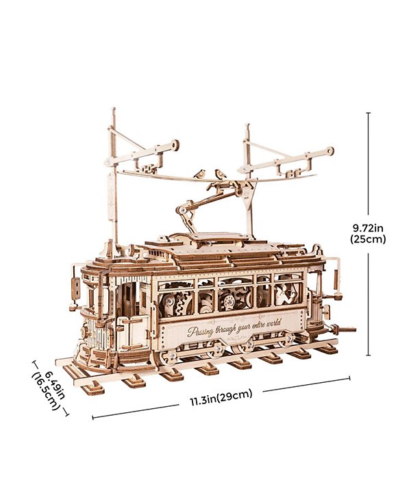3D Puzzle Classic City Tram Car Mechanical Gear Model Kit, Beige, 11.3"6.49"9.72"
